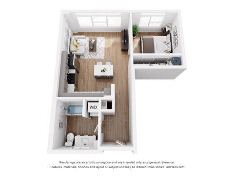 a stylized floor plan with a bedroom and a living room